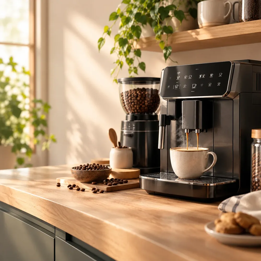 Cafetera espresso preparando un café en una cocina luminosa